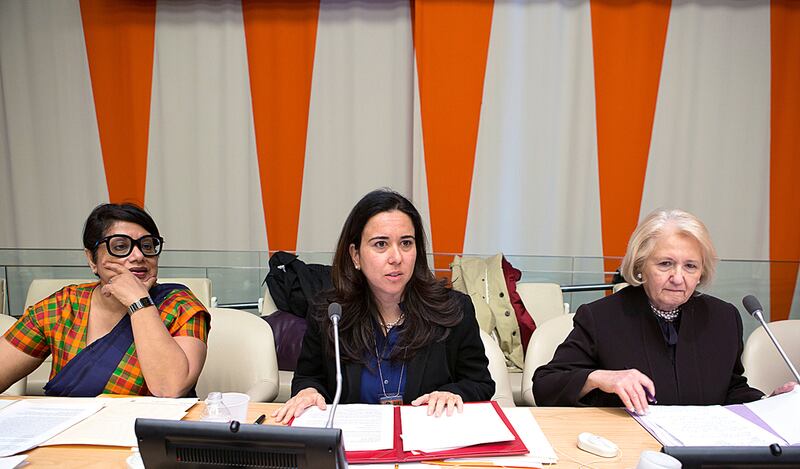 Lana Nusseibeh, centre, the UAE’s permanent representative to the UN, said her country's term will focus on a 'firm commitment to peace, stability and multilateralism. Wam