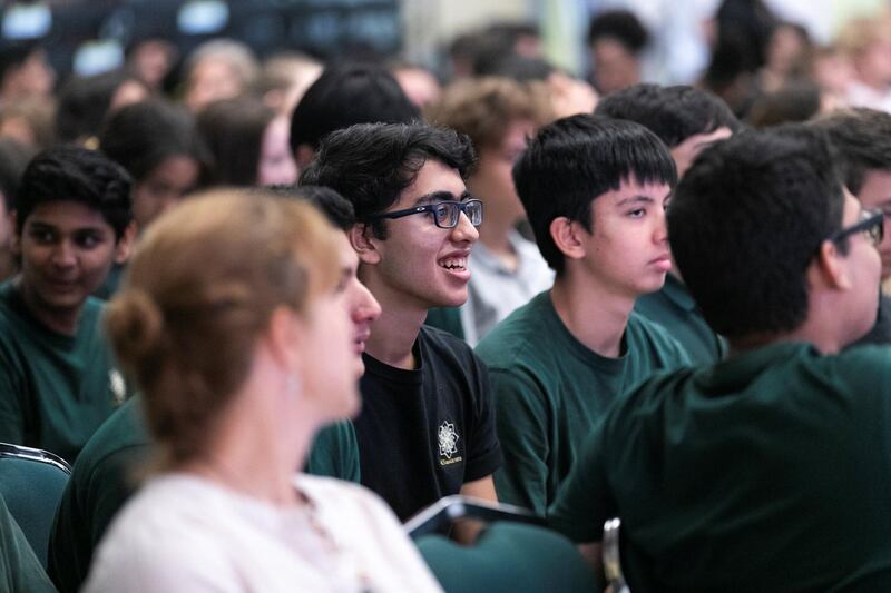 ABU DHABI, UNITED ARAB EMIRATES - May 16 2019.

Students attending the Haitham Zamzam Al Hammadi Medal of International Friendship ceremony at the American Community School
 
Launched in 2018, the Haitham Zamzam Al Hammadi Medal of International Friendship is an annual award given to one Junior ACS student for their contribution related to productive and positive global citizenry.

(Photo by Reem Mohammed/The National)

Reporter: 
Section: NA