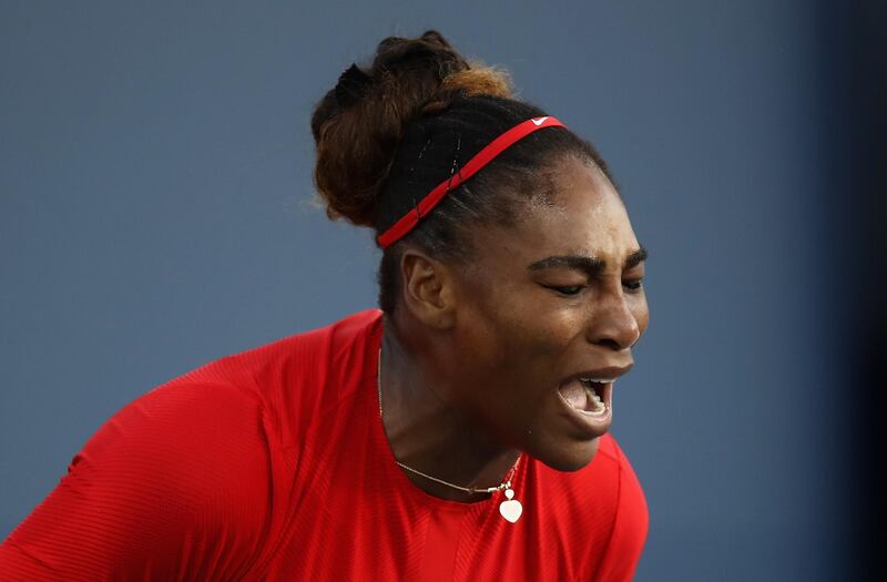 SAN JOSE, CA - JULY 31: Serena Williams of the United States reacts during her match against Johanna Konta of Great Britain during Day 2 of the Mubadala Silicon Valley Classic at Spartan Tennis Complex on July 31, 2018 in San Jose, California.   Ezra Shaw/Getty Images/AFP
== FOR NEWSPAPERS, INTERNET, TELCOS & TELEVISION USE ONLY ==
