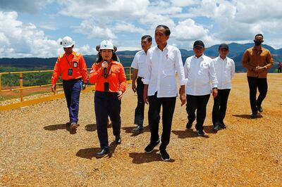 Indonesian President Joko Widodo and officials visit a site at the nickel mining town of Sorowako, in South Sulawesi province. Reuters