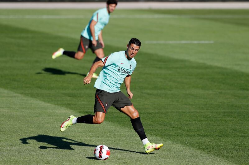 Portugal's Cristiano Ronaldo during a training session in Oeiras, near Lisbon, ahead of their World Cup qualifier against Republic of Ireland on Wednesday. AP