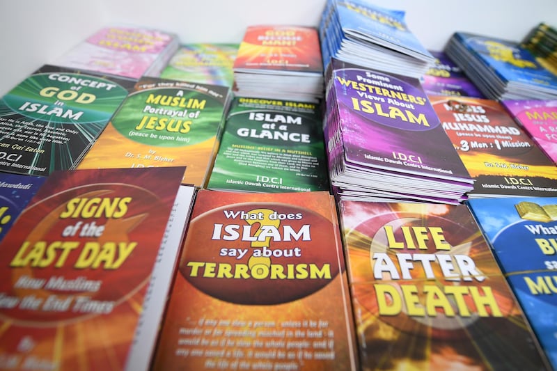Books at the prayer room at first mosque built on the Western Isles, Stornoway, Scotland, on May 11, 2018. Jeff J Mitchell / Getty Images
