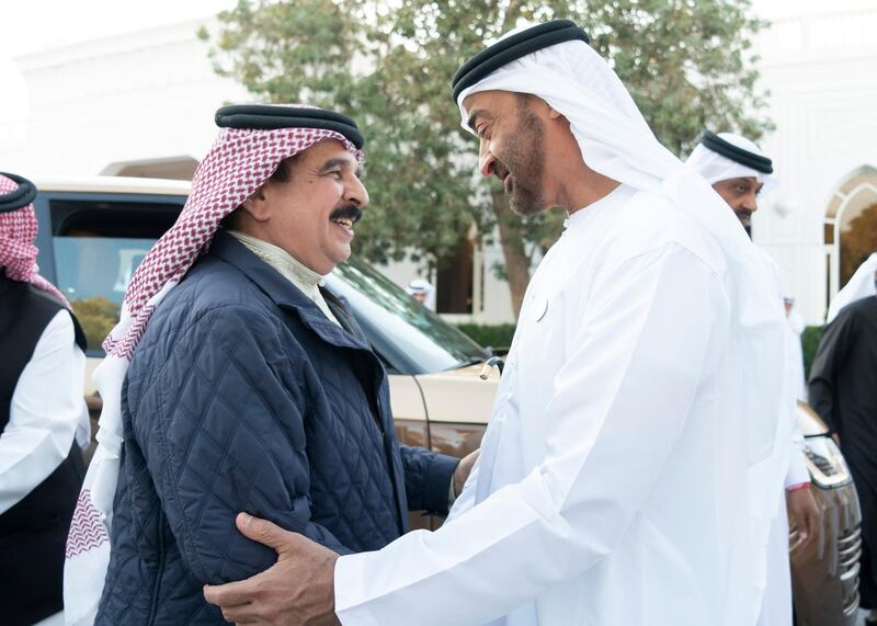 ABU DHABI, UNITED ARAB EMIRATES - March 11, 2019: HH Sheikh Mohamed bin Zayed Al Nahyan, Crown Prince of Abu Dhabi and Deputy Supreme Commander of the UAE Armed Forces (R) receives HM King Hamad bin Isa Al Khalifa, King of Bahrain (L), during a Sea Palace barza.
( Rashed Al Mansoori / Ministry of Presidential Affairs )
---