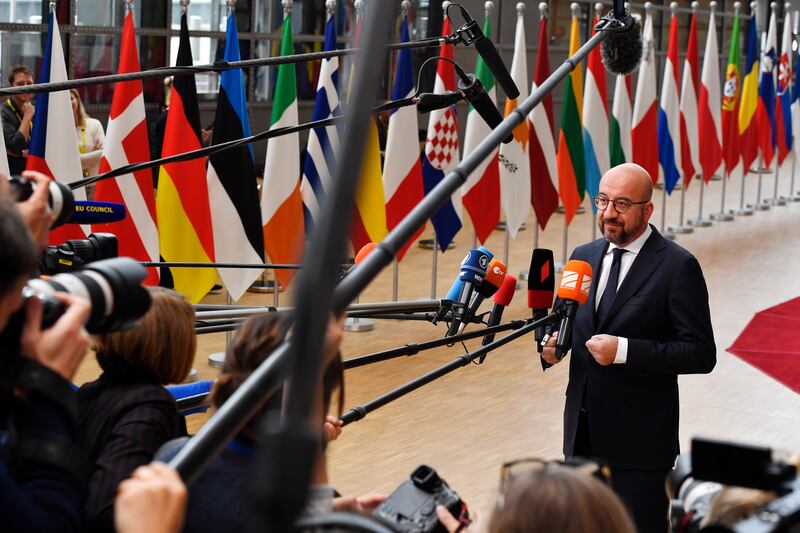 European Council President Charles Michel speaks to media. AP 