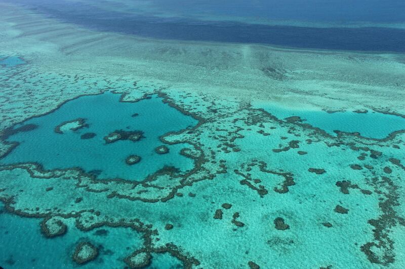 An aerial view of the reef off the coast of the Whitsunday Islands, on the central coast of Queensland