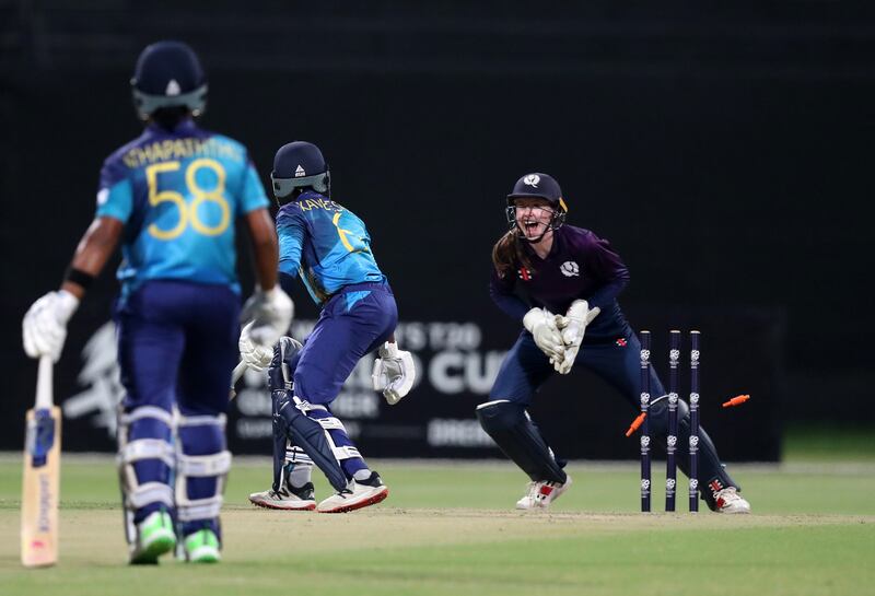 Scotland's Abtaha Maqsood takes the wicket of Sri Lanka's Kavisha Dilhari, stumped by keeper Sarah Bryce for 15 runs. 