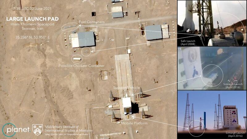 A container, possibly for oxidisation; fuel tanks, a vehicle and a mobile platform can be seen in this picture from June 6, provided by Planet Labs. Annotation courtesy of the James Martin Centre for Nonproliferation Studies. AP