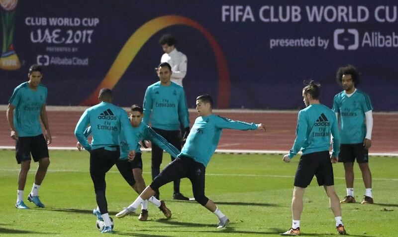 Real Madrid players train ahead of their Fifa Club World Cup semi-final against Al Jazira at New York University Abu Dhabi ground. Karim Sahib / AFP