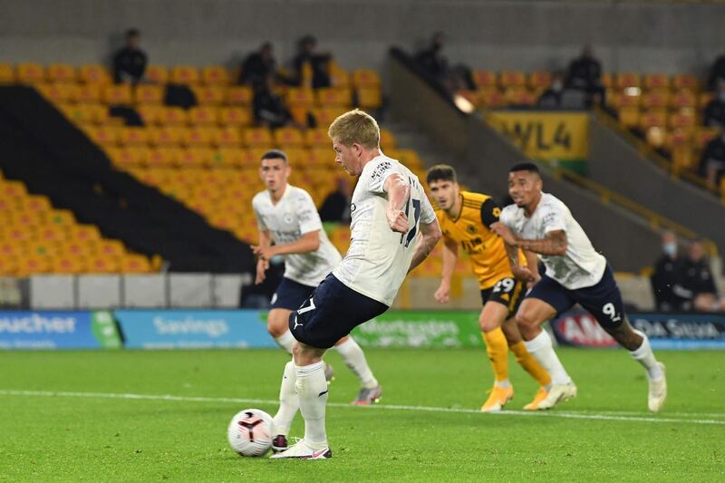 Kevin de Bruyne. 8 - Got the vital touch to a loose ball to draw a foul for his side’s penalty, before dusting himself down to slot home in emphatic fashion. He then played a part in his side’s second with a slide-rule pass for Sterling. AFP