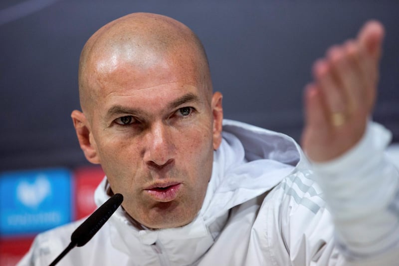 epa06574480 Real Madrid's head coach, Zinedine Zidane, speaks during a press conference following a training session at Valdebebas' sports facilities in Madrid, Spain, 02 March 2018. Real Madrid will face Getafe CF in their Spanish Primera Division League soccer match on 03 March.  EPA/RODRIGO JIMENEZ