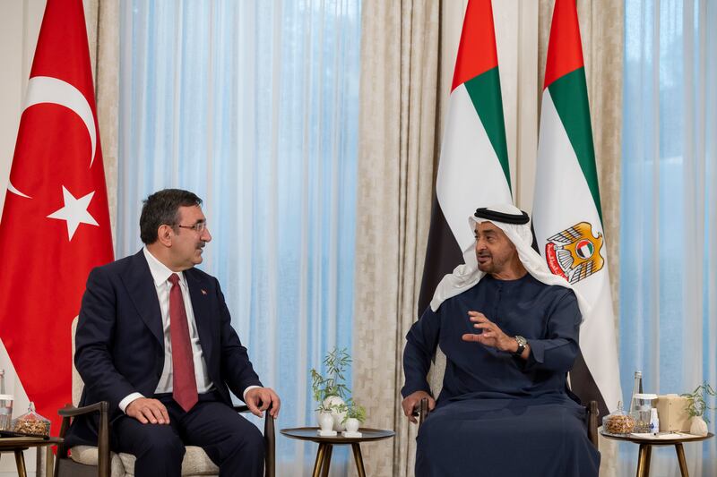 President Sheikh Mohamed meets Turkish Vice President Cevdet Yilmaz at Al Shati Palace. Photo: UAE Presidential Court