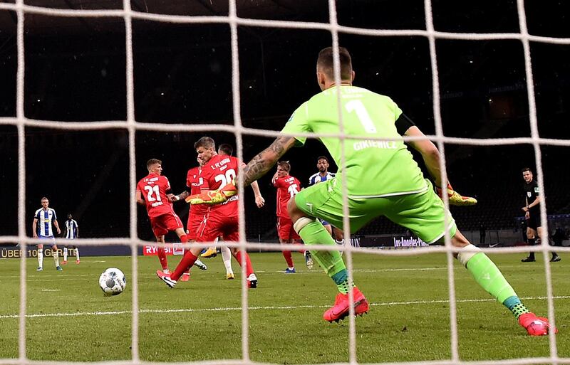 Hertha BSC's Matheus Cunha scores their third goal. Reuters