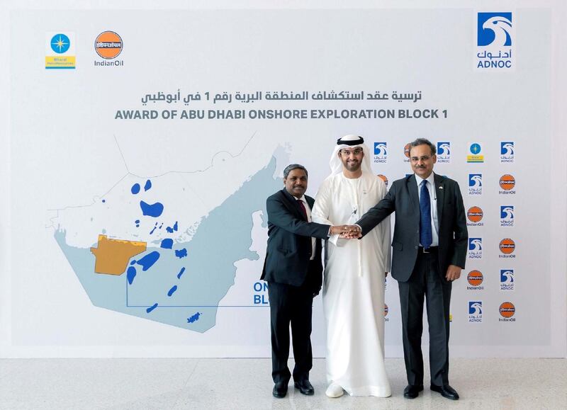 The Abu Dhabi National Oil Company (ADNOC) signed agreements, today, awarding the exploration rights for Abu Dhabi Onshore Block 1 to a consortium of two Indian oil companies, Bharat Petroleum Corporation Limited and Indian Oil Corporation Limited. The agreements, which, collectively, have a term of 35 years, were signed by His Excellency Dr. Sultan Ahmed Al Jaber, UAE Minister of State and ADNOC Group CEO, Duraiswamy Rajkumar, Chairman and Managing Director of Bharat Petroleum Corporation, and Sanjiv Singh, Chairman of Indian Oil Corporation. Courtesy Adnoc
