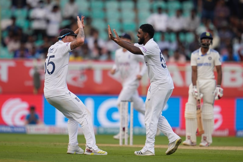 England captain Ben Stokes congratulates Rehan Ahmed after he took the wicket of India's Srikar Bharat in the second Test in Visakhapatnam. AP