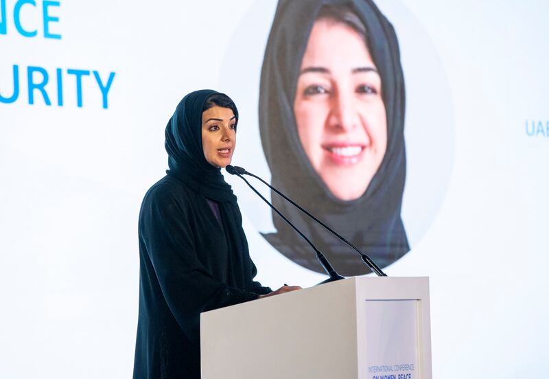 Reem Al Hashimy, Minister of State for International Co-operation addressing the International Conference on Women, Peace and Security in Abu Dhabi.