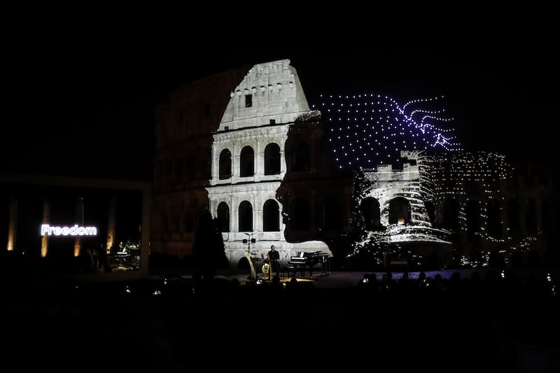 A stunning music and drone show is held for the BIE over the Colosseum in Rome in April. 