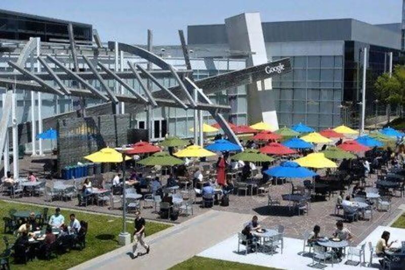 Google employees gather for lunch in the company's main courtyard in Mountain View, California.