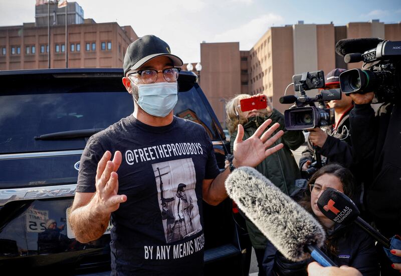 Tarrio speaks to the media following his release from the DC Central Detention Facility where he had been held since September 2021. Reuters
