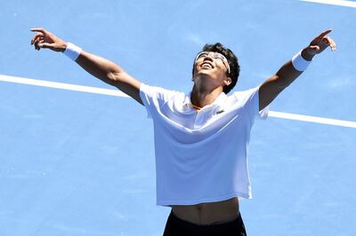 epaselect epa06469354 Hyeon Chung of South Korea reacts after winning his quarter round match against Tennys Sandgren of the USA at the Australian Open Grand Slam tennis tournament in Melbourne, Australia, 24 January 2018.  EPA/JOE CASTRO  AUSTRALIA AND NEW ZEALAND OUT