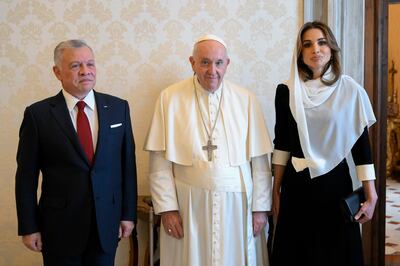 King Abdullah II Ibn Al Hussein and Queen Rania Al-Abdullah of Jordan meet with Pope Francis in Vatican City.  The Queen has her head covered as fitting Vatican protocol.  EPA 