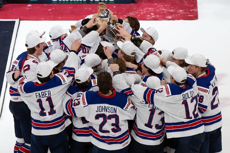 The United States team celebrates victory over Canada to win the IIHF World Junior Championship at Rogers Place in Edmunton, on Tuesday, January 5. Getty