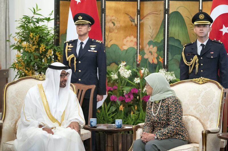 SINGAPORE, SINGAPORE - February 28, 2019: HH Sheikh Mohamed bin Zayed Al Nahyan, Crown Prince of Abu Dhabi and Deputy Supreme Commander of the UAE Armed Forces (L), meets with HE Halimah Yacob, President of Singapore (R), during a reception at the Istana presidential palace.
( Ryan Carter / Ministry of Presidential Affairs )
