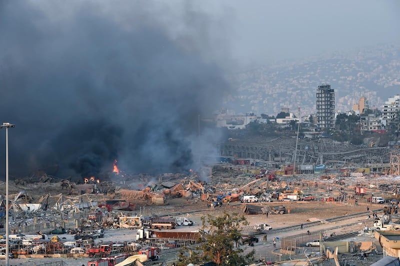 Smoke billows from an area of a large explosion that rocked the harbour area of Beirut, Lebanon. EPA