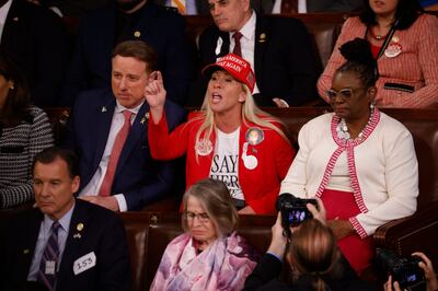 Representative Marjorie Taylor Greene engaged in some heckling during Joe Biden's address at the US Capitol in Washington. Bloomberg