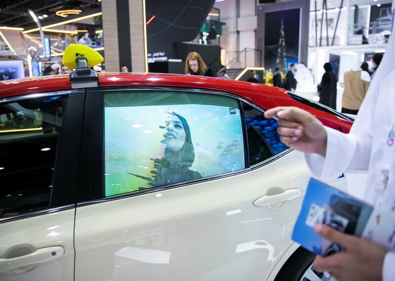 DUBAI, UNITED ARAB EMIRATES. 06 OCTOBER 2019. 
The Roads and Transport Authority (RTA) is trialling the display of smart ads on taxis. Officials say the high-definition content will be visible to all road users but it won’t cause any inconvenience to passengers. It’s one of several new technologies being showcased at GITEX at Dubai World Trade Center.

(Photo: Reem Mohammed/The National)

Reporter:
Section: