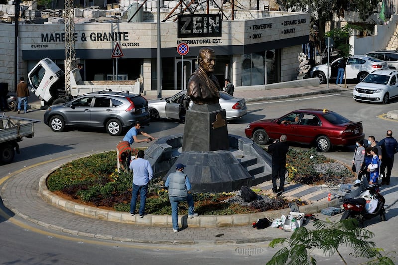 The statue of Qassem Suleimani was installed on a roundabout near Imam Khomeini avenue in Ghobeiry, Beirut. AP Photo