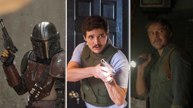 Pedro Pascal in The Mandalorian, Narcos and The Last of Us. Photo: Disney+; Netflix; HBO