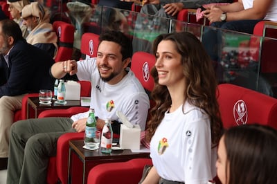 Crown Prince Hussein and Princess Rajwa, accompanied by Princess Salma and Prince Ali, at the Jordan-Tajikistan quarter-finals match in the Asian Cup. @CoutureRoyals / X