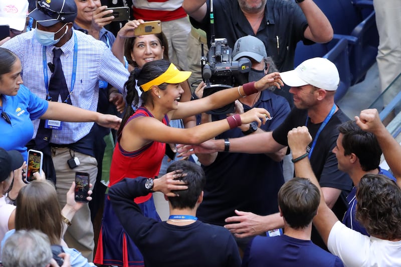 Britain's Emma Raducanu celebrates after winning the 2021 US Open.  AFP