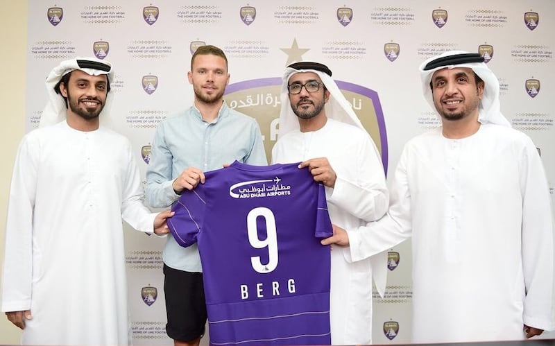 Marcus Berg poses with this No 9 Al Ain jersey following his switch to the Arabian Gulf League club. Courtesy Al Ain Football Club