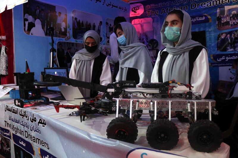 The Afghan all-girl robotics team show their projects at an exhibition last month in Herat, Afghanistan, on July 4. EPA