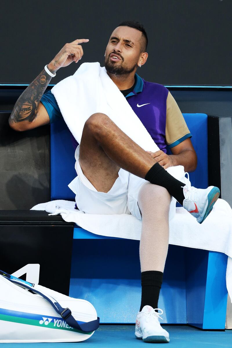 Nick Kyrgios argues with the match referee. Getty