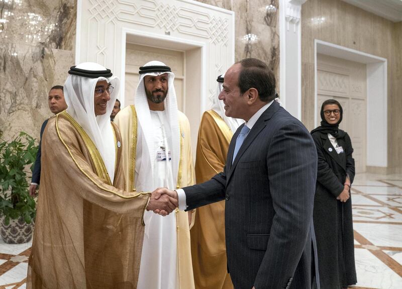 CAIRO, EGYPT - April 10, 2018: HE Abdel Fattah El Sisi President of Egypt (3rd L) greets HE Mohamed Al Abbar, Founder and Chairman of Emaar Properties and Board Member of Eagle Hills (L), at Heliopolis Palace, during an official visit. Seen with HE Mohamed Mubarak Al Mazrouei, Undersecretary of the Crown Prince Court of Abu Dhabi (2nd L) and HE Noura Mohamed Al Kaabi, UAE Minister of Culture and Knowledge Development (R).

( Mohamed Al Hammadi / Crown Prince Court - Abu Dhabi )