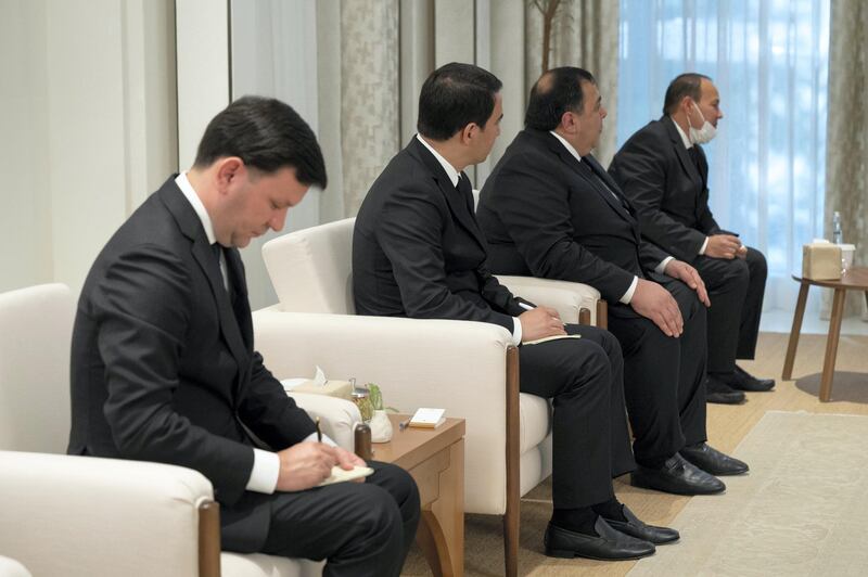 ABU DHABI, UNITED ARAB EMIRATES - June 10, 2021: Turkmens delegation accompanying HE Serdar Berdymukhamedov, Deputy Prime Minister of Turkmenistan (not shown) attend a meeting, at Al Shati Palace.

( Hamad Al Kaabi / Ministry of Presidential Affairs )​
---