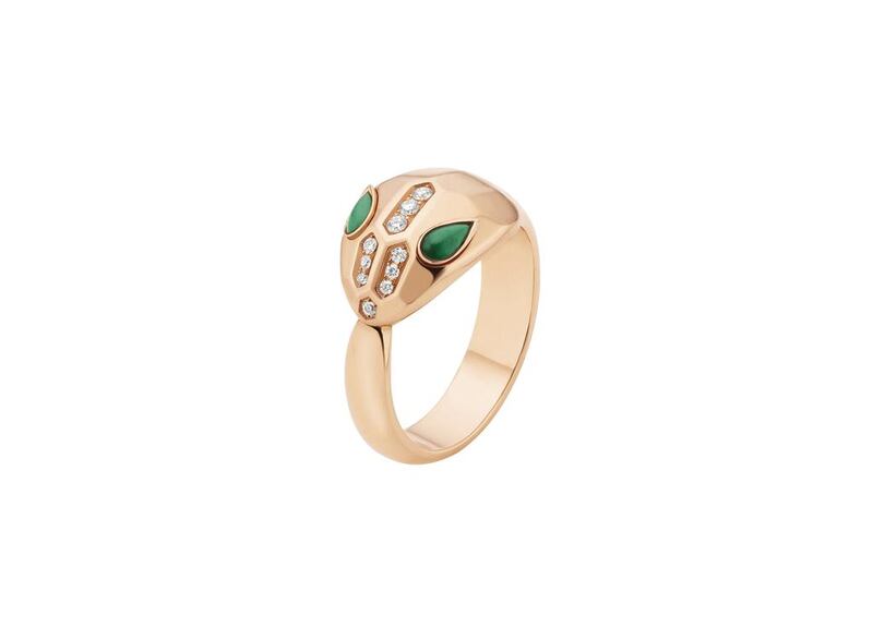 Serpenti ring in pink gold with malachites and pavé diamonds, from Dh11,200. Courtesy Bulgari