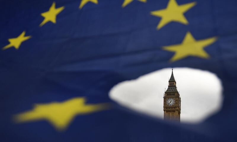 epa08429204 A European Union flag during a demonstration against Brexit outside the Houses of Parliament in London, Britain, 29 March 2017 (re-issued 18 May 2020). As prominent in both sky and sea, the color blue is often associated with open spaces, freedom, depth and wisdom. In psychology blue is viewed as a non-threatening color and it is believed to have positive and calming effects on body and mind. Often linked with intellect, confidence and reliability, it is known in corporate America as a power color.  EPA/ANDY RAIN ATTENTION: This Image is part of a PHOTO SET *** Local Caption *** 53417477