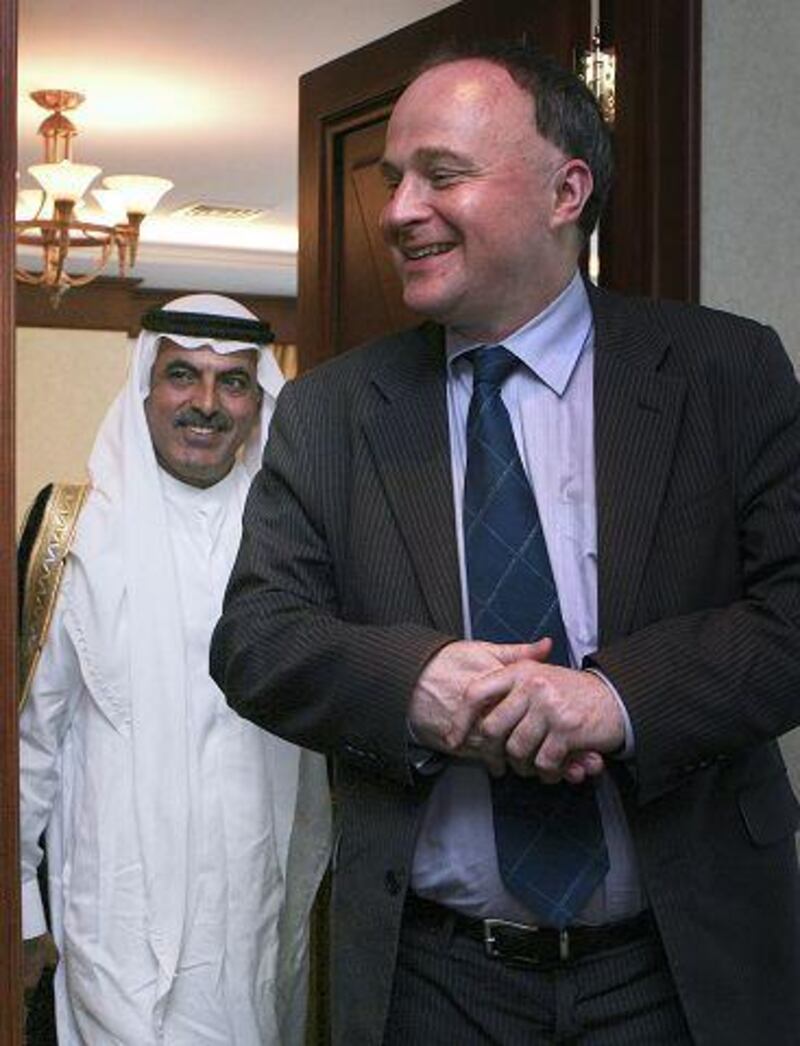 The British MP John Grogan meets Abdul Aziz al Ghurair, the Speaker of the Federal National Council, in Dubai yesterday.