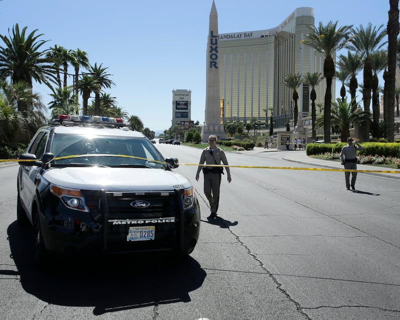 Police block the street near the scene of a mass shooting at the Route 91 Harvest festival on Las Vegas Boulevard in Las Vegas, Nevada. Paul Buck / EPA