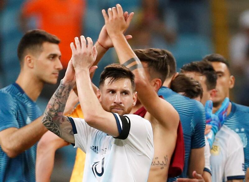 Argentina's Lionel Messi applauds fans after the 2-0 victory over Qatar to seal second spot in Group B at the 2019 Copa America and a quarter-final against Venezuela on Friday. Reuters