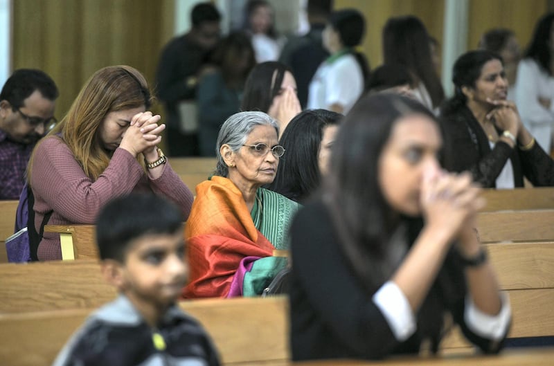 Abu Dhabi, United Arab Emirates - Worshippers view the historic Papal mass at St. JosephÕs Cathedral on February 5, 2019. Khushnum Bhandari for The National