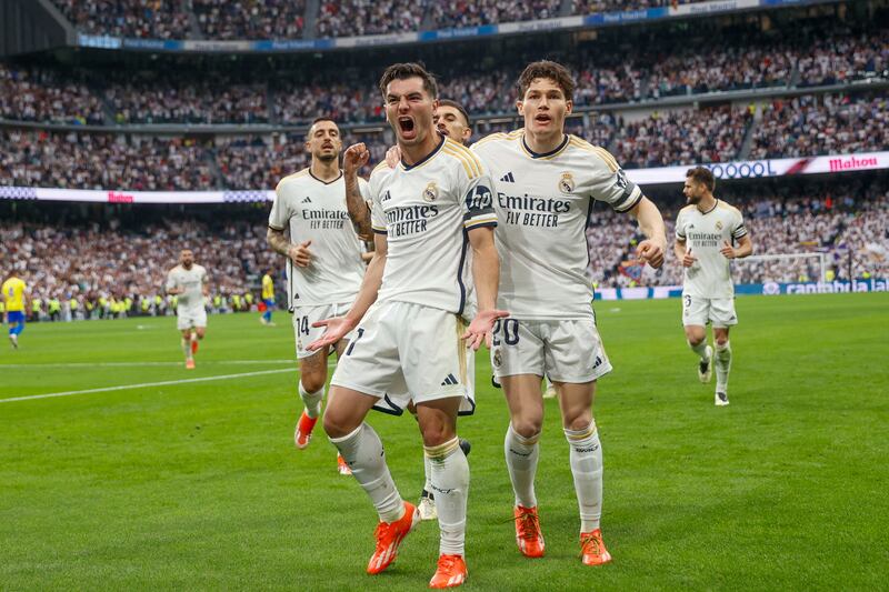 Brahim Diaz celebrates after scoring Real Madrid's first goal in the 3-0 win over Cadiz. EPA