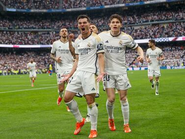Brahim Diaz celebrates after scoring Real Madrid's first goal in the 3-0 win over Cadiz. EPA