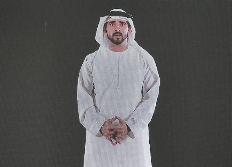 Dubai, United Arab Emirates - February 11, 2019: Sheikh Hamdan bin Mohammed Al Maktoum does a presentation on screen on day 2 at the World Government Summit. Monday the 11th of February 2019 at Madinat, Dubai. Chris Whiteoak / The National