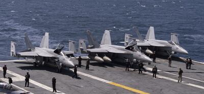 US Navy F-18 Super Hornets on the flight deck of the USS Aircraft Carrier Nimitz during a South Korea and US combined maritime exercise off the coast of Busan, South Korea. Bloomberg 