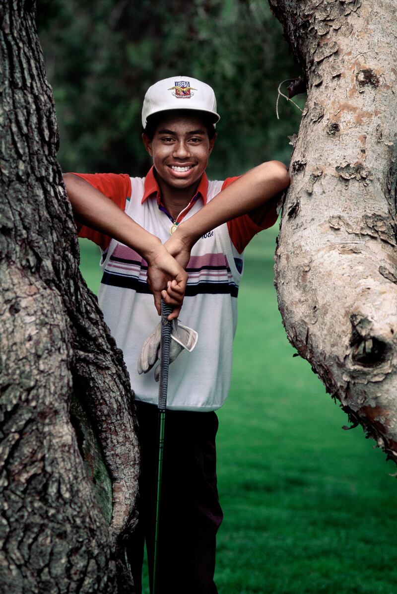 Golf player Tiger Woods practice on Griffith Park golf course as a 16-year old in 1991. Tiger Woods was born in 1975 and he won the Los Angeles Junior Championship on the Griffith Park courses in 1991. (Photo by Per-Anders Pettersson./Corbis via Getty Images)