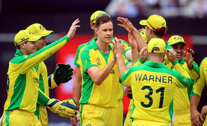 Australiaâ€™s Jason Behrendorff celebrates with his team-mates after taking the wicket of Englandâ€™s Chris Woakes (not in picture) during the ICC Cricket World Cup group stage match at Lord's, London. PRESS ASSOCIATION Photo. Picture date: Tuesday June 25, 2019. See PA story CRICKET England. Photo credit should read: Adam Davy/PA Wire. RESTRICTIONS: Editorial use only. No commercial use. Still image use only.